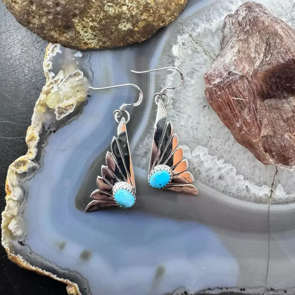 Michael Nez Sterling Silver Oval Turquoise Cloud Dangle Earrings For Women - Picture 2 of 10